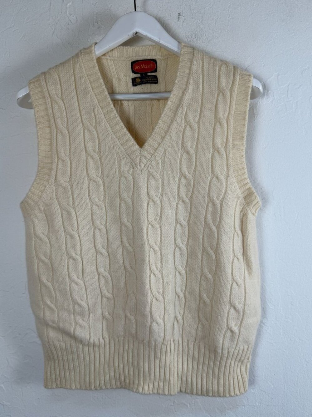Vintage Jas McLeith Womens Cream Cable Knit Wool Sweater Vest V-Neck Large
